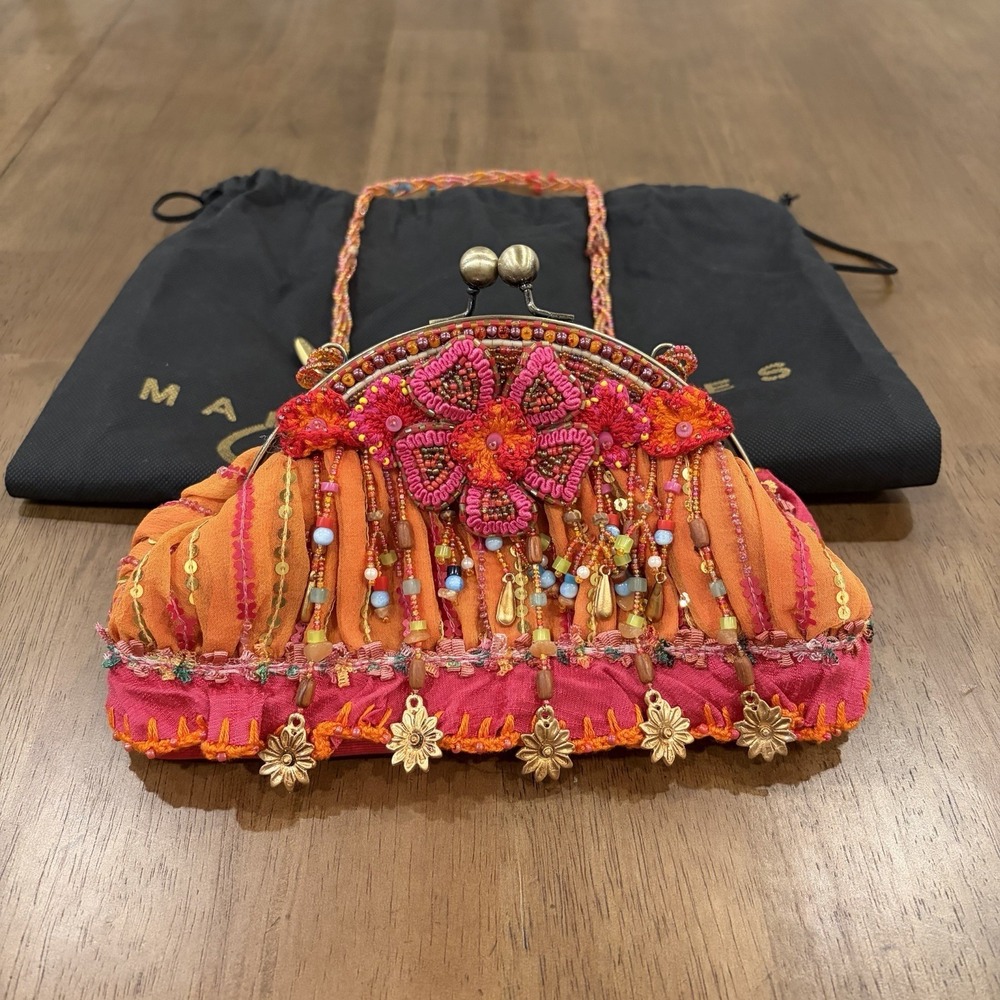 VTG Mary Frances Beaded Purse Sequined Floral Charms Orange Pink Boho Kiss Lock